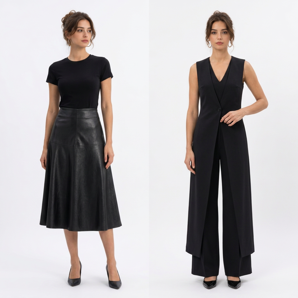 Stéphanie en jupe midi et en combinaison noire