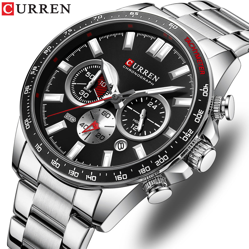 Montre Homme Multifonction Quartz – Bracelet Acier, Calendrier & 6 Aiguilles