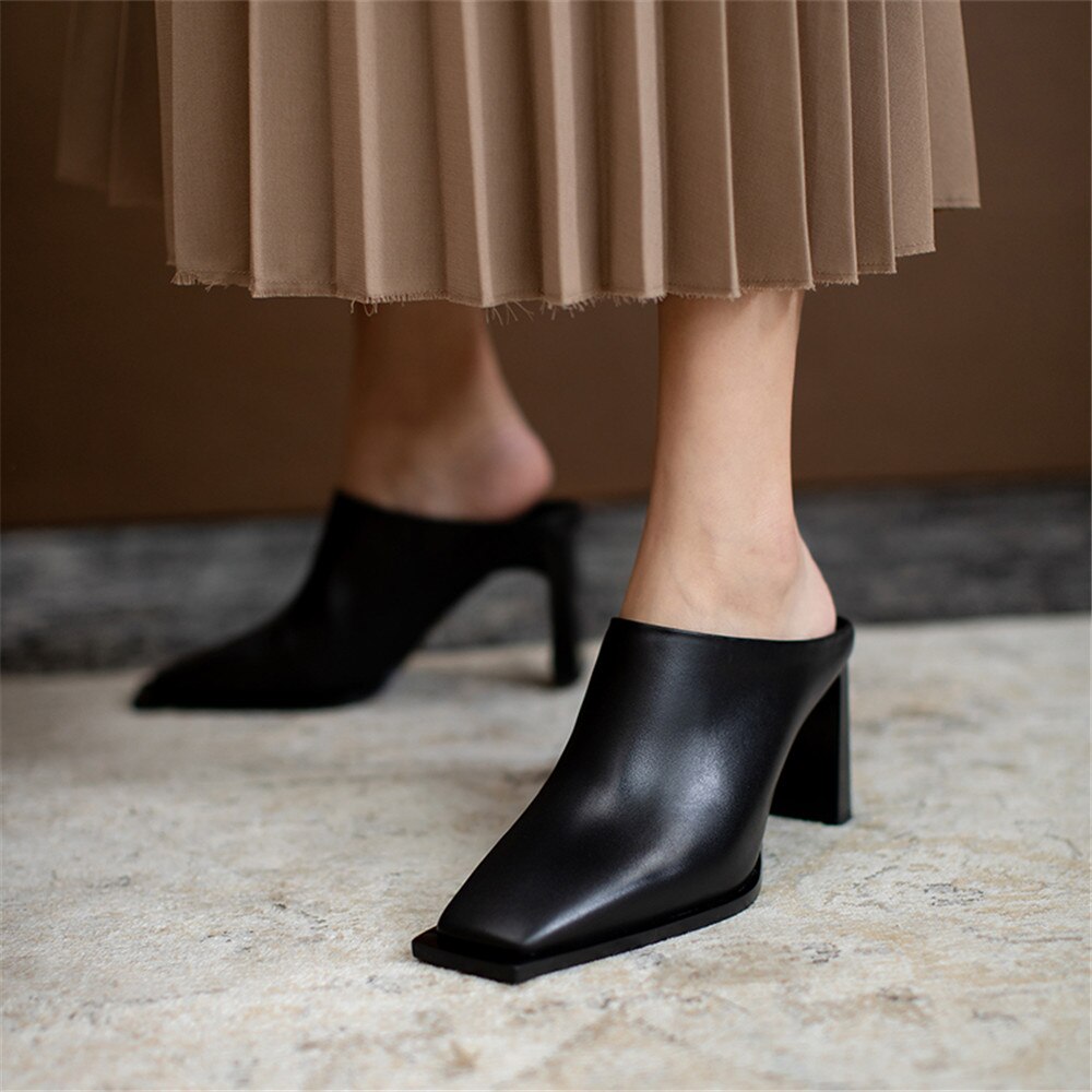 Escarpins Bout Carré Cuir Véritable – Talon Épais 7,5 cm | Femme