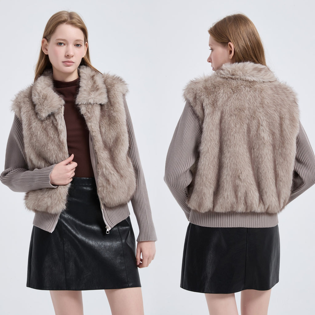 Veste femme en fausse fourrure à manches en maille amovibles