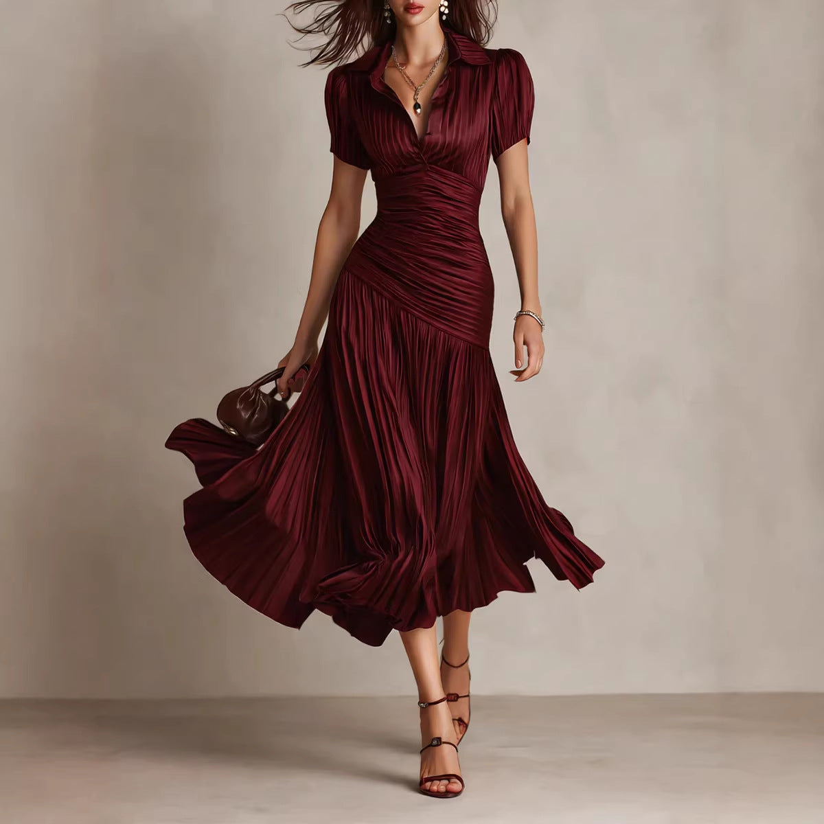 Robe longue à rayures fines et taille froncée