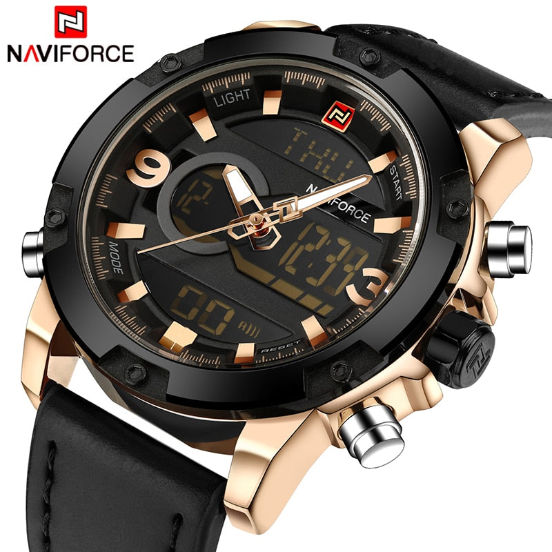 Naviforce Herrenuhr Ana-Digi Quarz — Lederarmband, Alarm, Chronograph, 46,5 mm