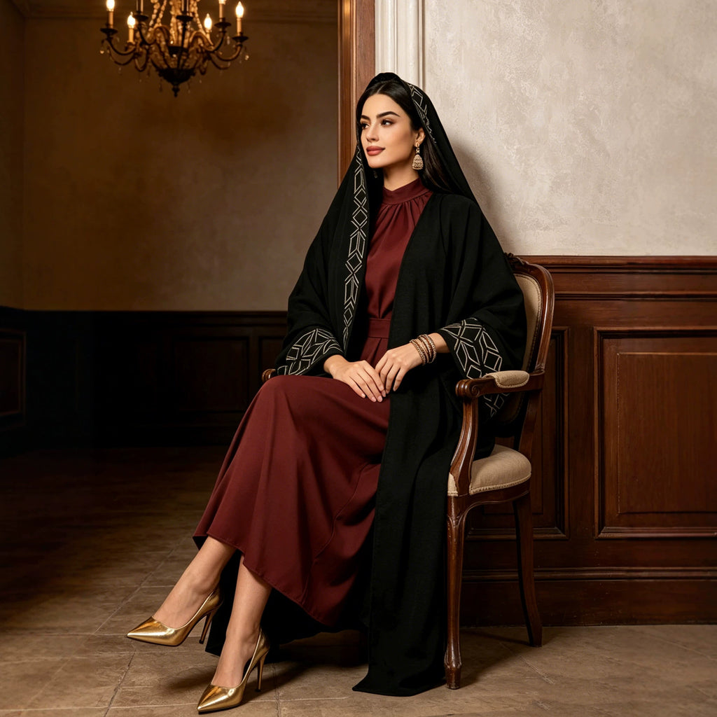 Robe longue noire brodée à manches longues avec foulard