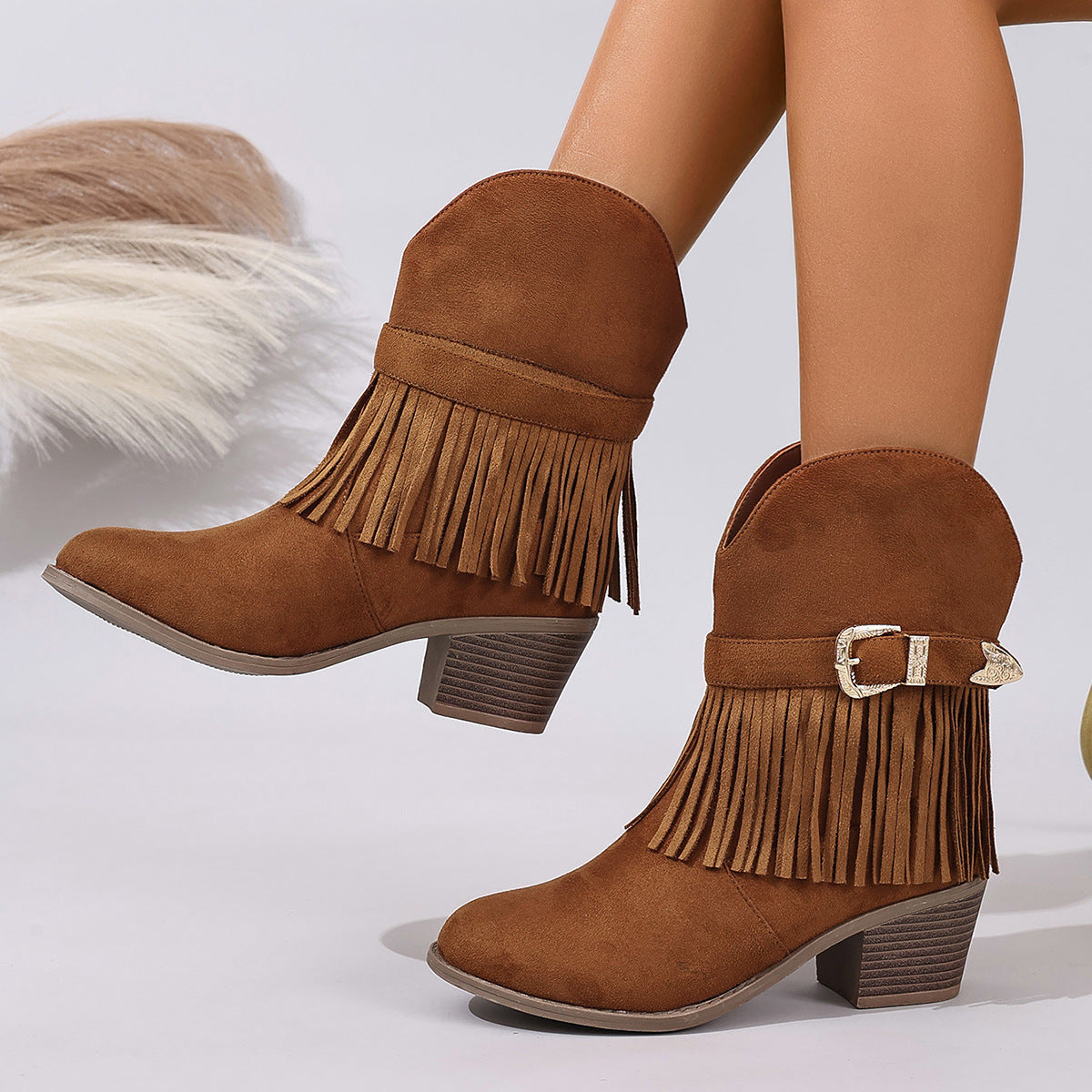 Bottines Franges Style Western Femme – Talon Épais, Semelle Plateforme, Boucle, Cuir Suédé