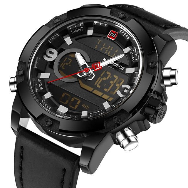 Naviforce Herrenuhr Ana-Digi Quarz — Lederarmband, Alarm, Chronograph, 46,5 mm