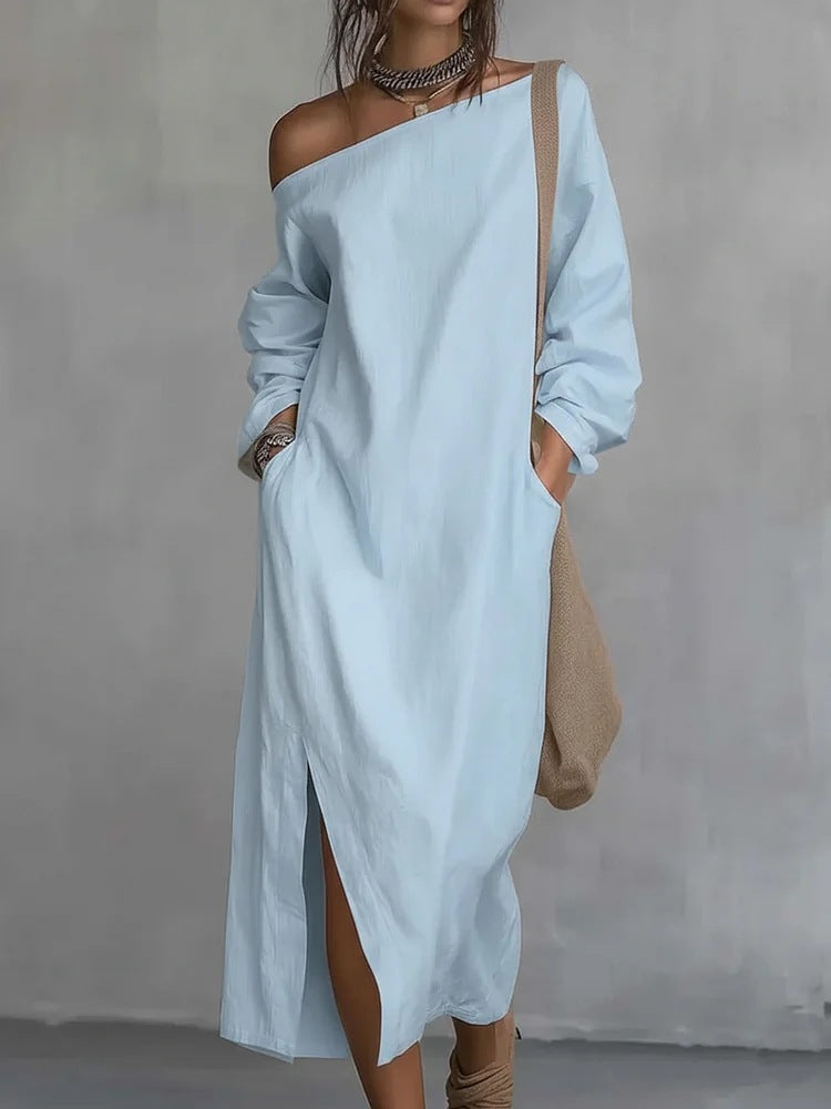 Robe longue asymétrique à manches longues et boutons