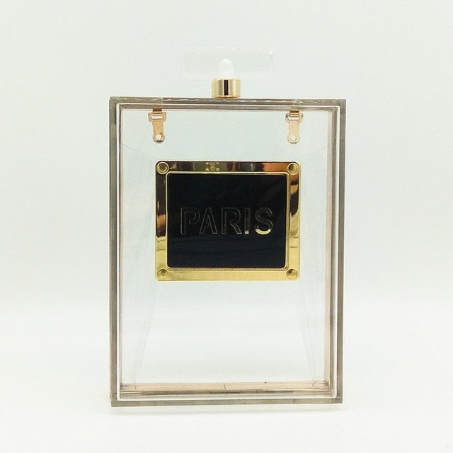Sac de soirée femme forme flacon de parfum à bandoulière chaîne