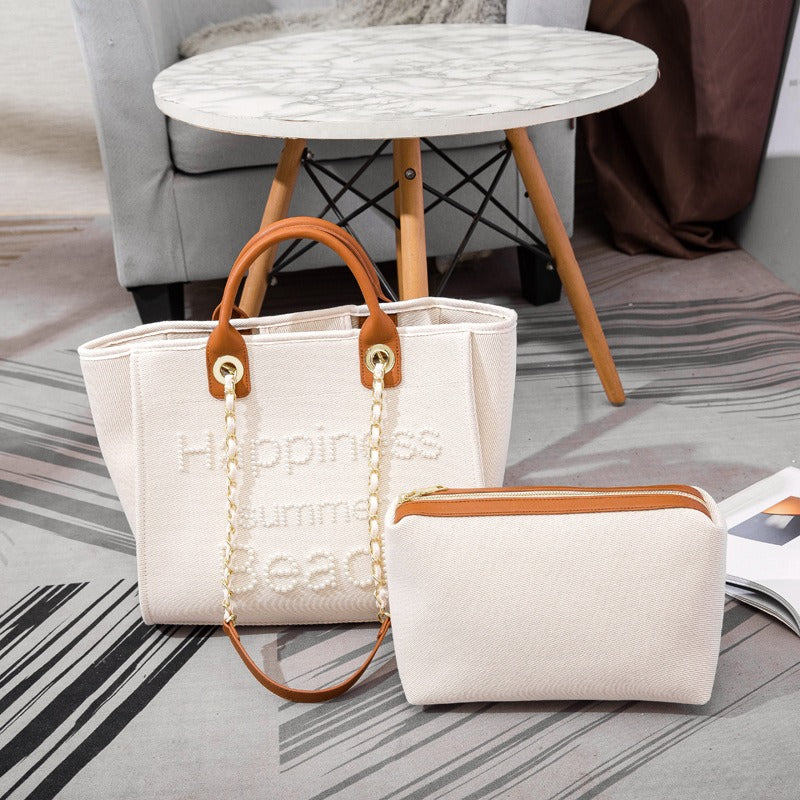 Large Women's Tote Bag Handmade Embroidered Bead Canvas – Cream White Chanel Style