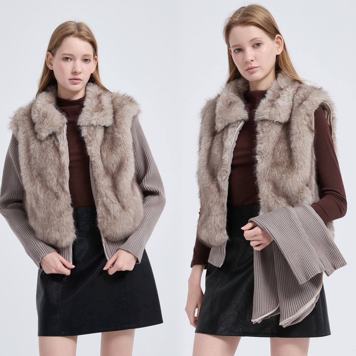 Veste femme en fausse fourrure à manches en maille amovibles