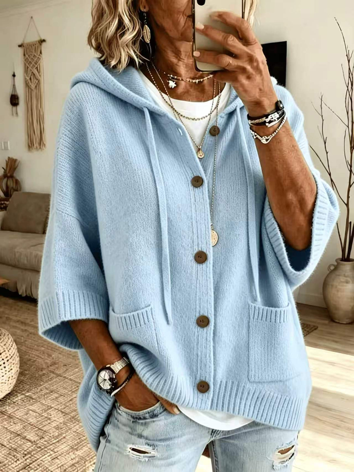 Einfarbige Damen-Kapuzenstrickjacke – Große Größen & 9 Farben