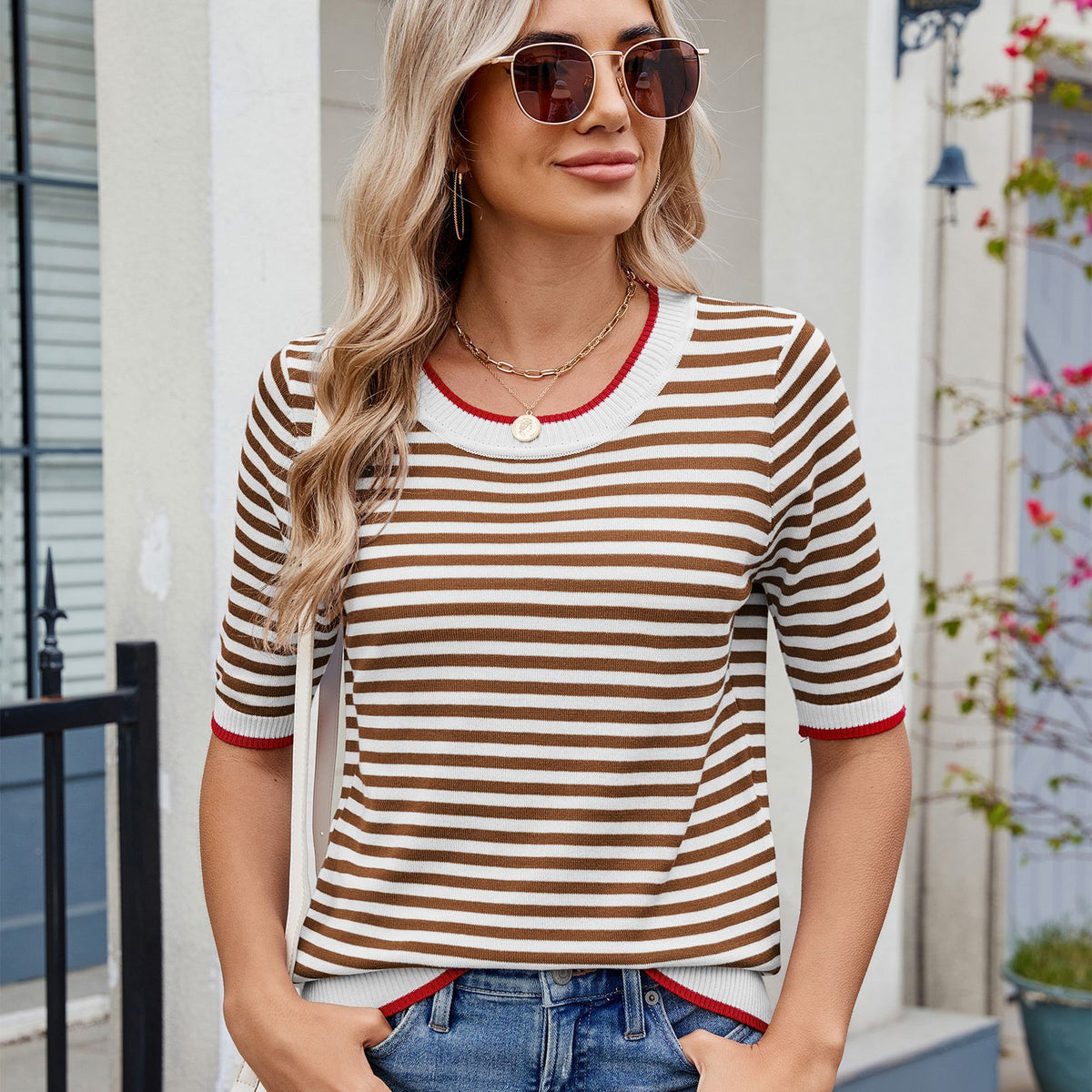 T-shirt femme rayé à col rond et manches courtes