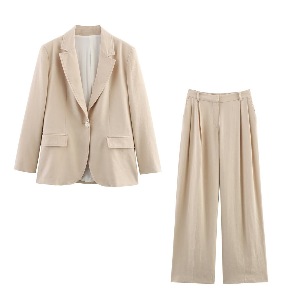 Tailleur Pantalon Femme Beige – Blazer à Un Bouton