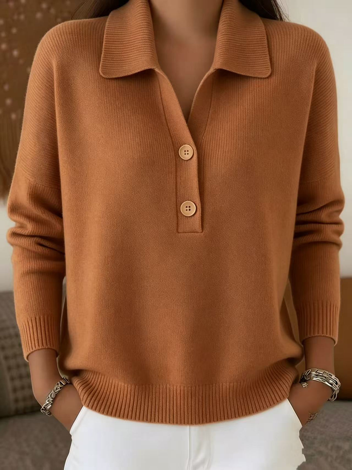 Strickpullover mit Schalkragen, Knöpfen, lockerer Schnitt