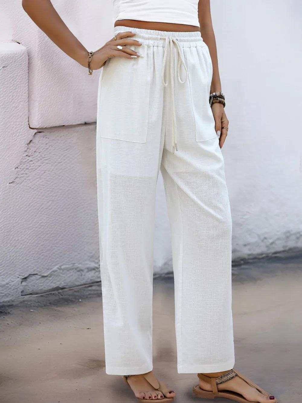 Pantalon Femme Ample et Droit – Blanc, Cordon de Serrage