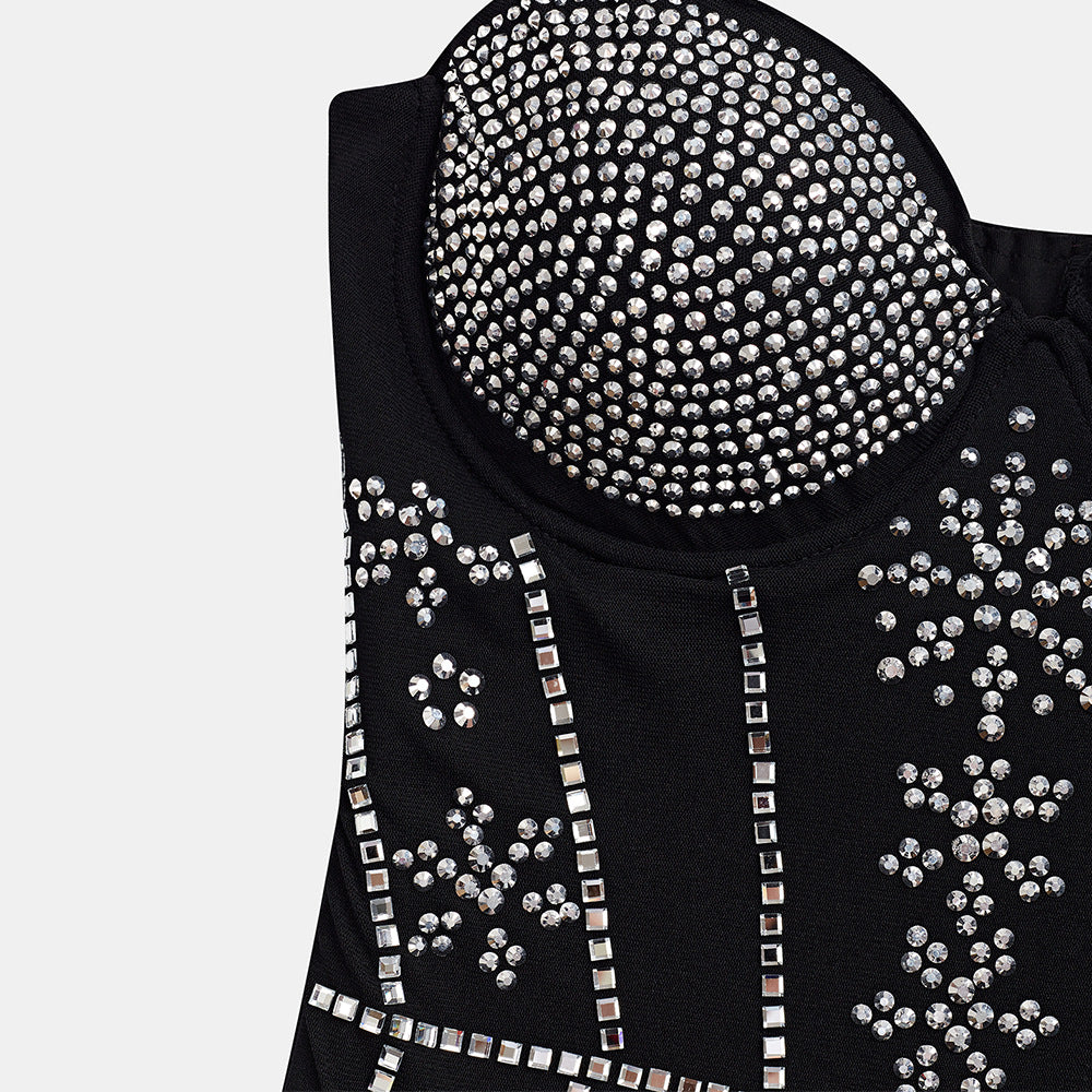 Robe de soirée noire à strass et franges