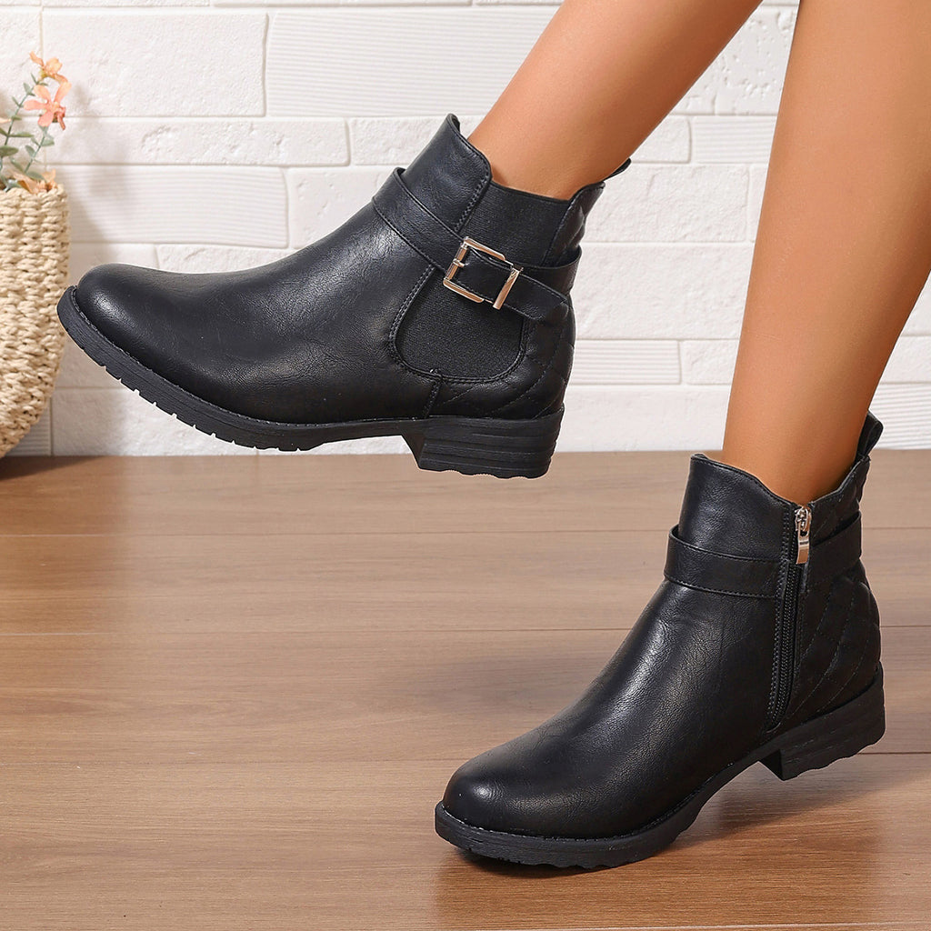 Bottines Courtes Femme Automne Hiver – Talon Bas Confortable, Boucle, Cuir Carreauté