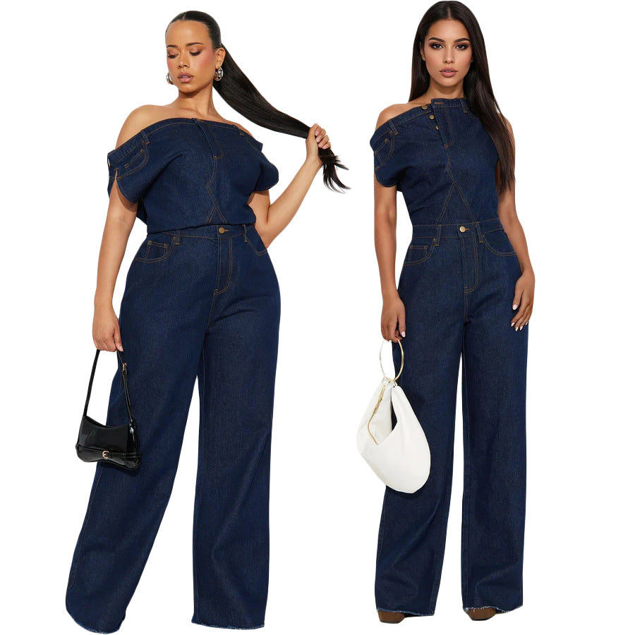 Combinaison femme en jean bleu foncé – Encolure asymétrique et jambes larges
