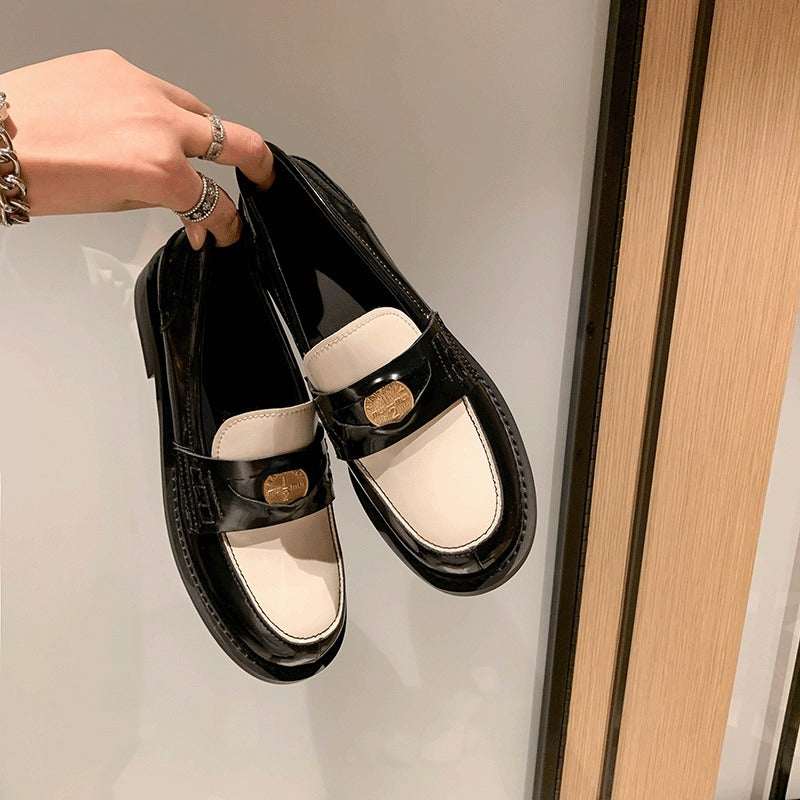 Mocassins Cuir Véritable Femme – Style Britannique Rétro, Pièce Dorée, Slip-On