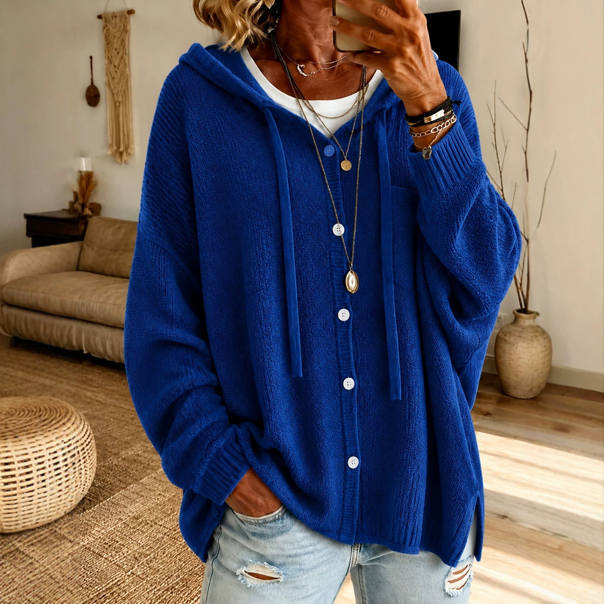 Damen-Strickjacke mit Kapuze und Knöpfen – Leuchtende Farben & bequeme Passform