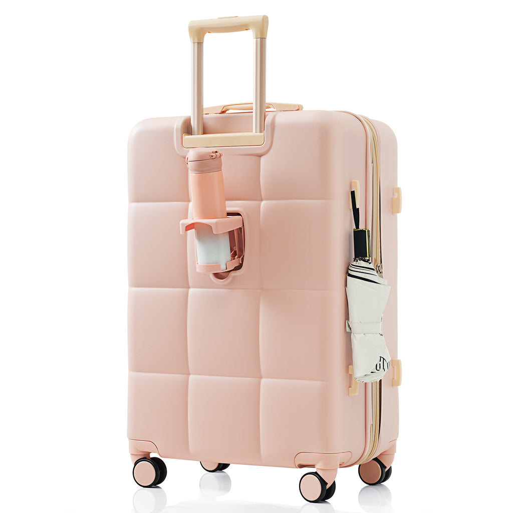 Set de 3 Valises Rigides Rose en ABS – Port USB, Porte-Gobelet et Roulettes 360°