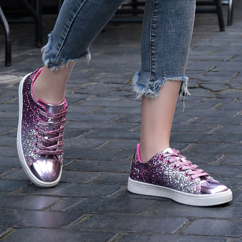 Baskets Plates Paillettes Bling Femme – Lacets, Tige PU, Style Casual Printemps