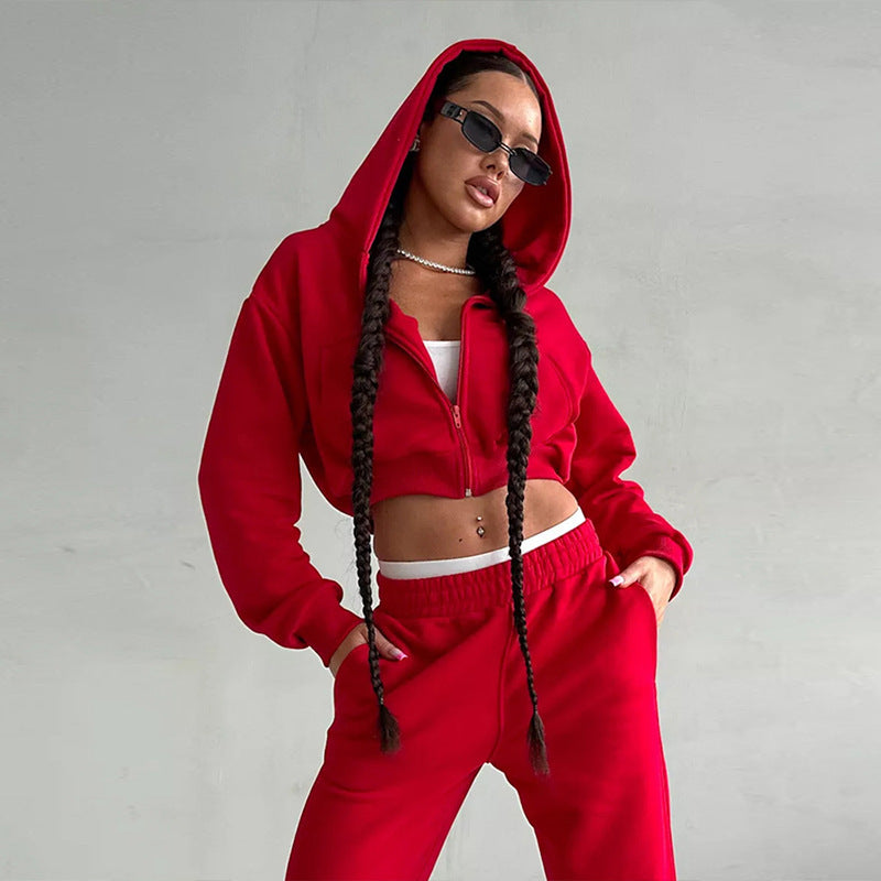 Damen-2-Teiler – Kurzes Kapuzenoberteil mit langen Ärmeln & lange Hose im sportlichen Stil