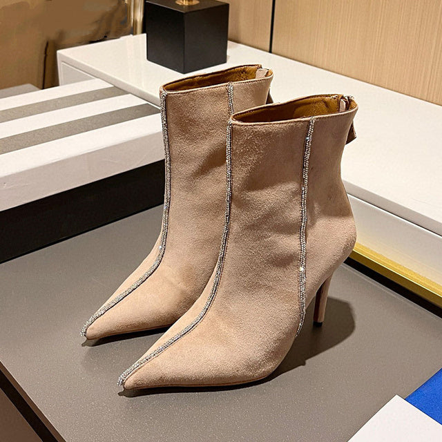Bottines femme à strass, bout pointu et talon fin