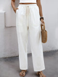 Pantalon Femme Ample et Droit – Blanc, Cordon de Serrage