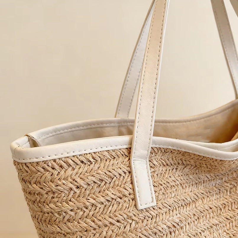 Sac de Plage Tressé Grande Capacité – Style Bohème, Couleur Kaki