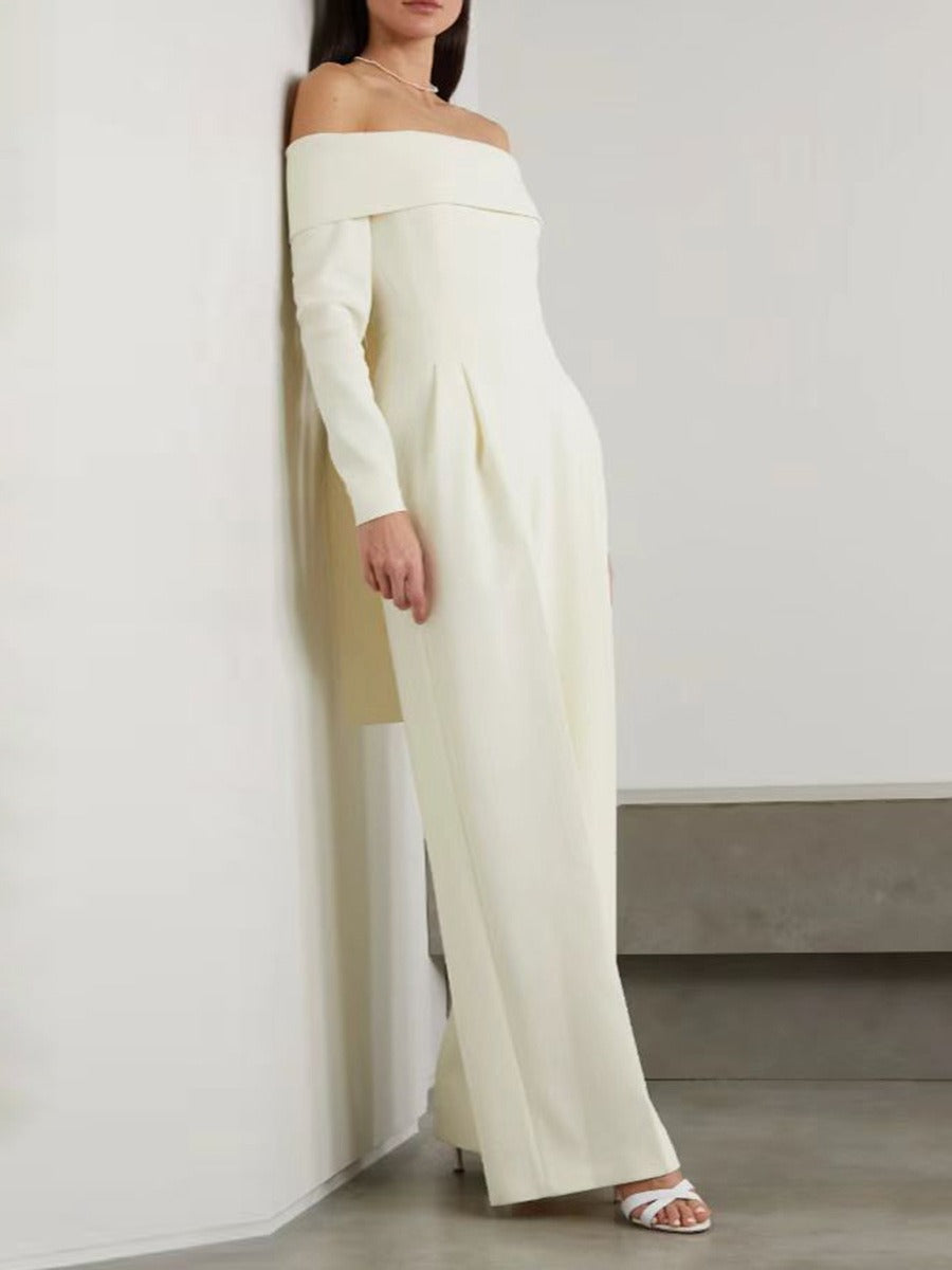 Autumn New Goddess Fan One Line Neck Bodysuit, Elegant High Waist, Slim and Slim, Wide Leg Pants