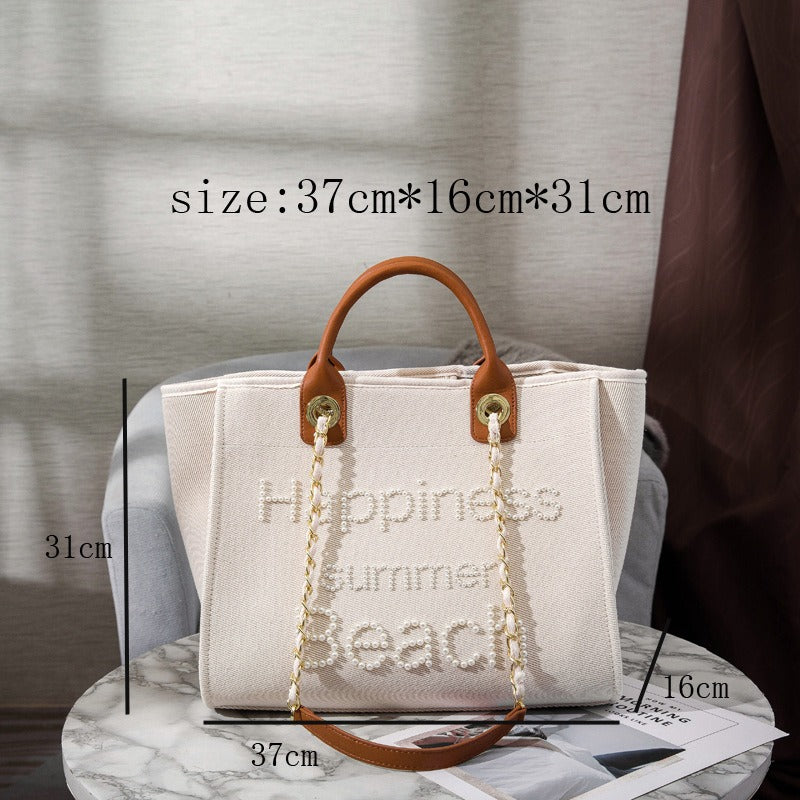 Grand Sac Cabas Femme Toile Brodée Perles Fait Main – Style Chanel Blanc Crème