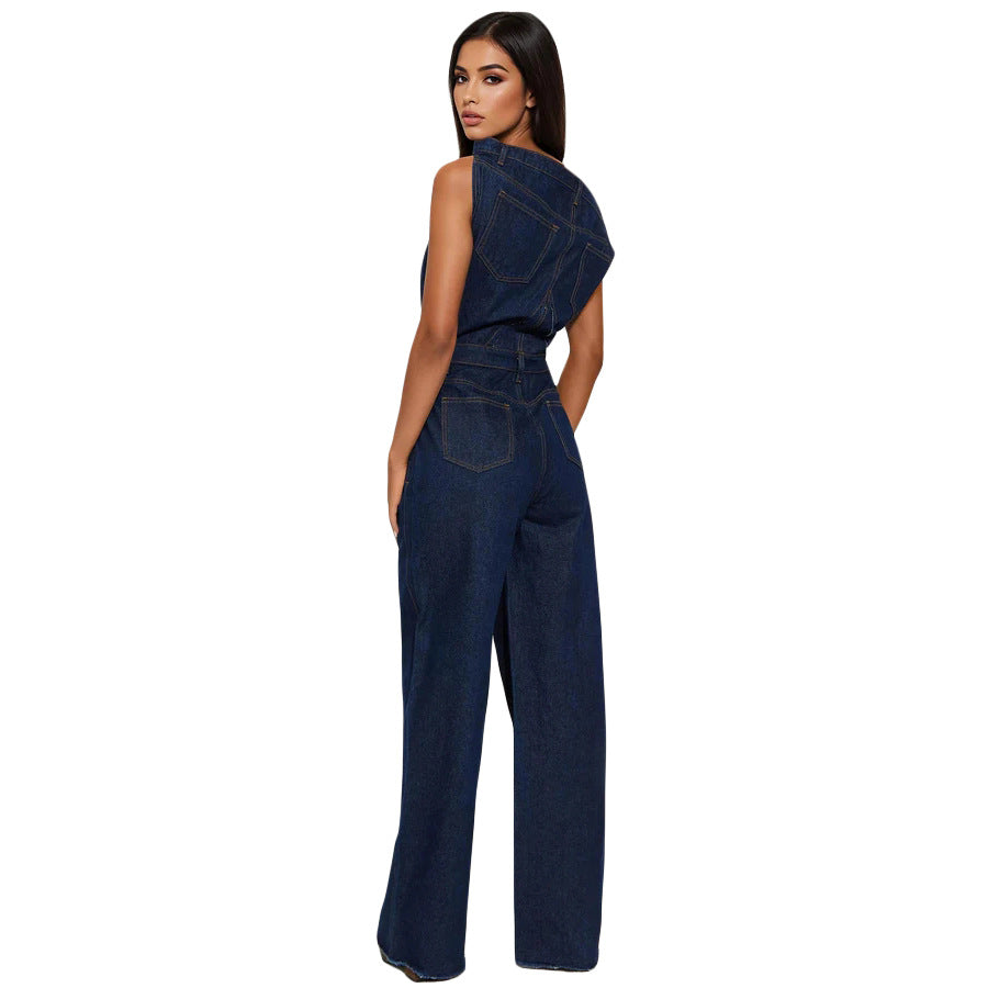 Combinaison femme en jean bleu foncé – Encolure asymétrique et jambes larges