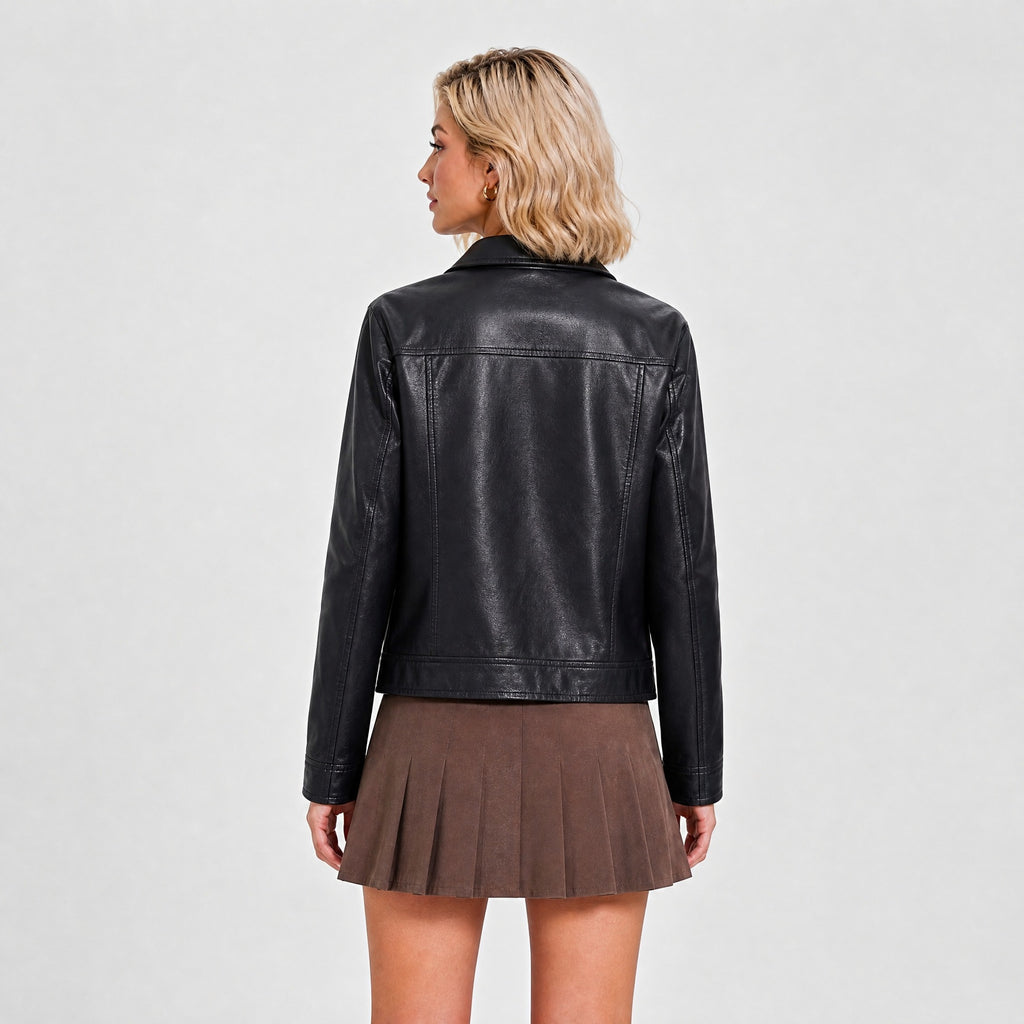 Veste femme zippée en simili cuir à col rabattu