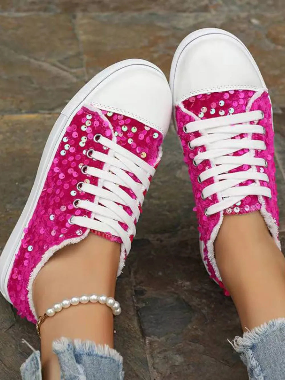 Flache Glitzer-Sneaker für Damen – Runde Kappe, Gummisohle, funkelnd