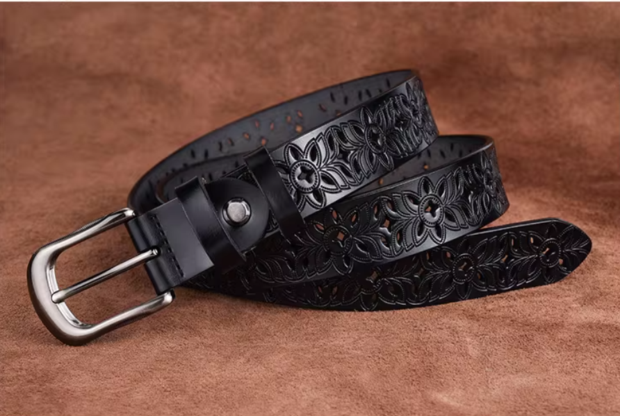 Ceinture femme en cuir ajouré à motifs floraux