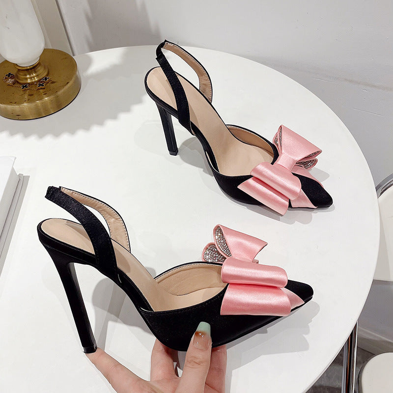 Sandales Talon Aiguille Femme – Satin, Nœud Papillon & Strass, Très Haut Talon 11.5 cm