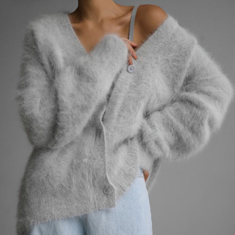 Damen-Cardigan mit V-Ausschnitt, Webpelz in Nerzoptik, locker geschnitten, 6 Farben