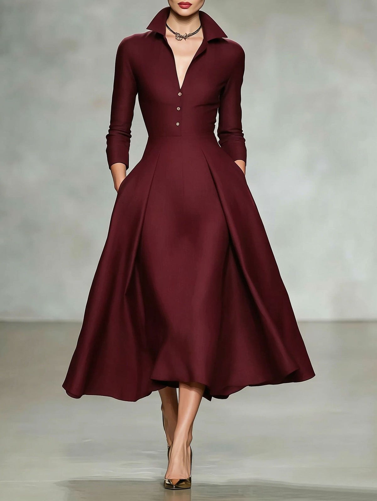 Robe midi à col V et manches longues, taille cintrée