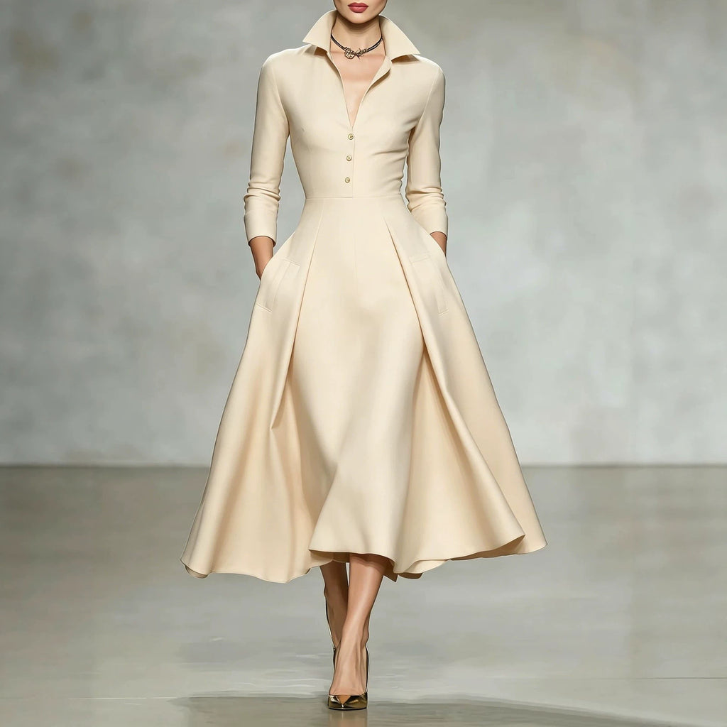 Robe midi à col V et manches longues, taille cintrée
