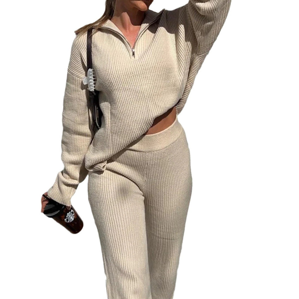 Ensemble 2 pièces femme en maille – Pull col rond manches ballon & pantalon long
