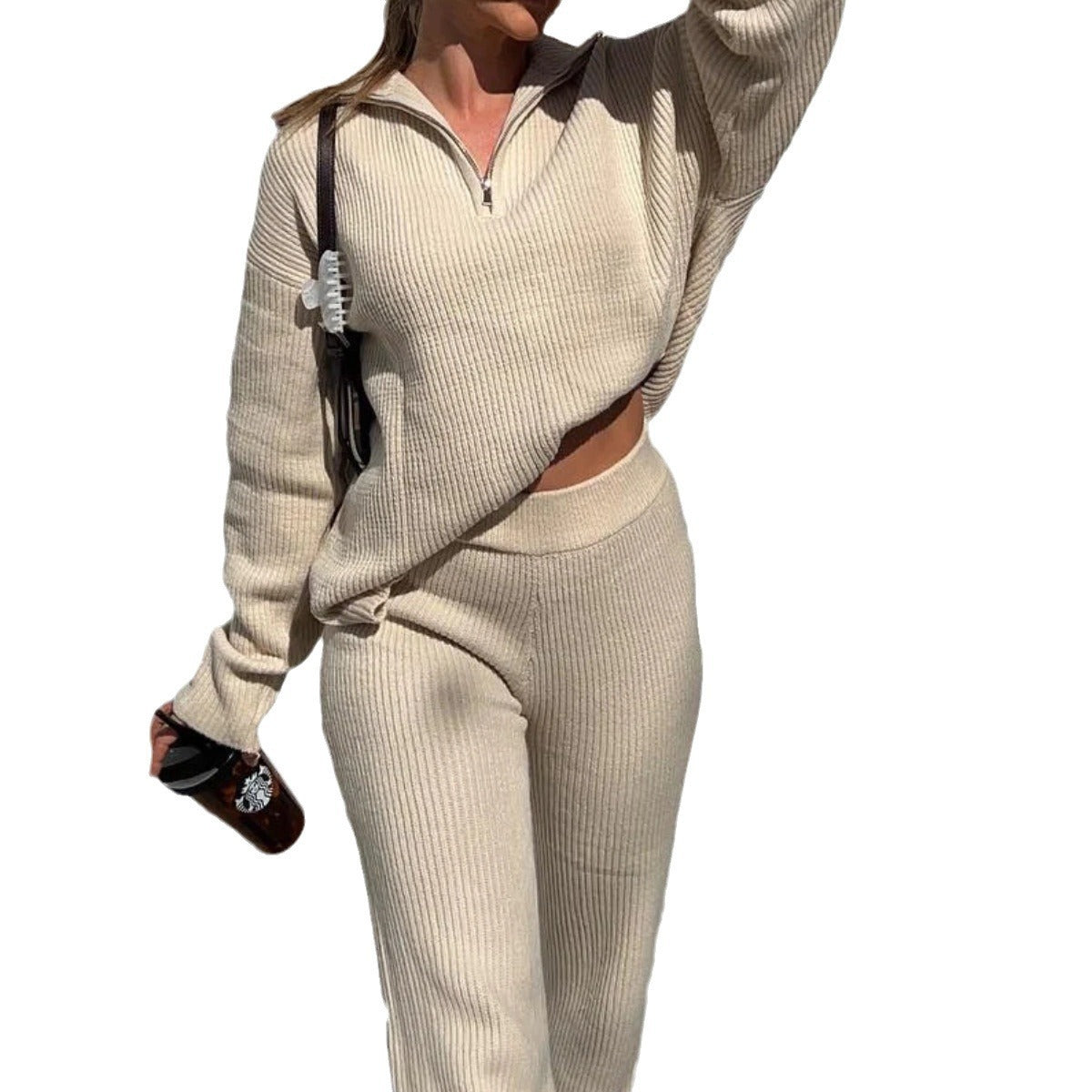 Ensemble 2 pièces femme en maille – Pull col rond manches ballon & pantalon long