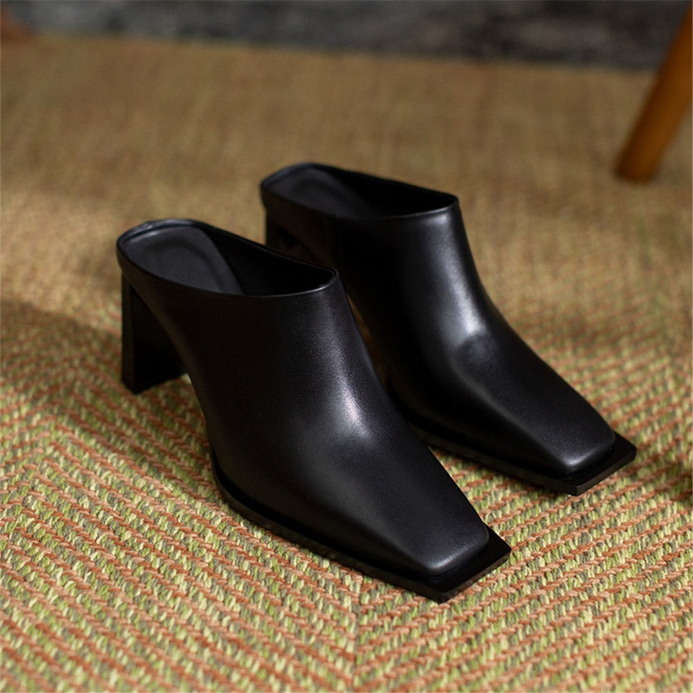 Escarpins Bout Carré Cuir Véritable – Talon Épais 7,5 cm | Femme