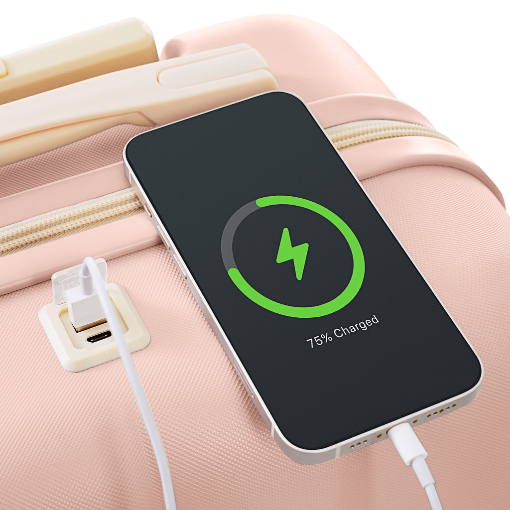 Set de 3 Valises Rigides Rose en ABS – Port USB, Porte-Gobelet et Roulettes 360°