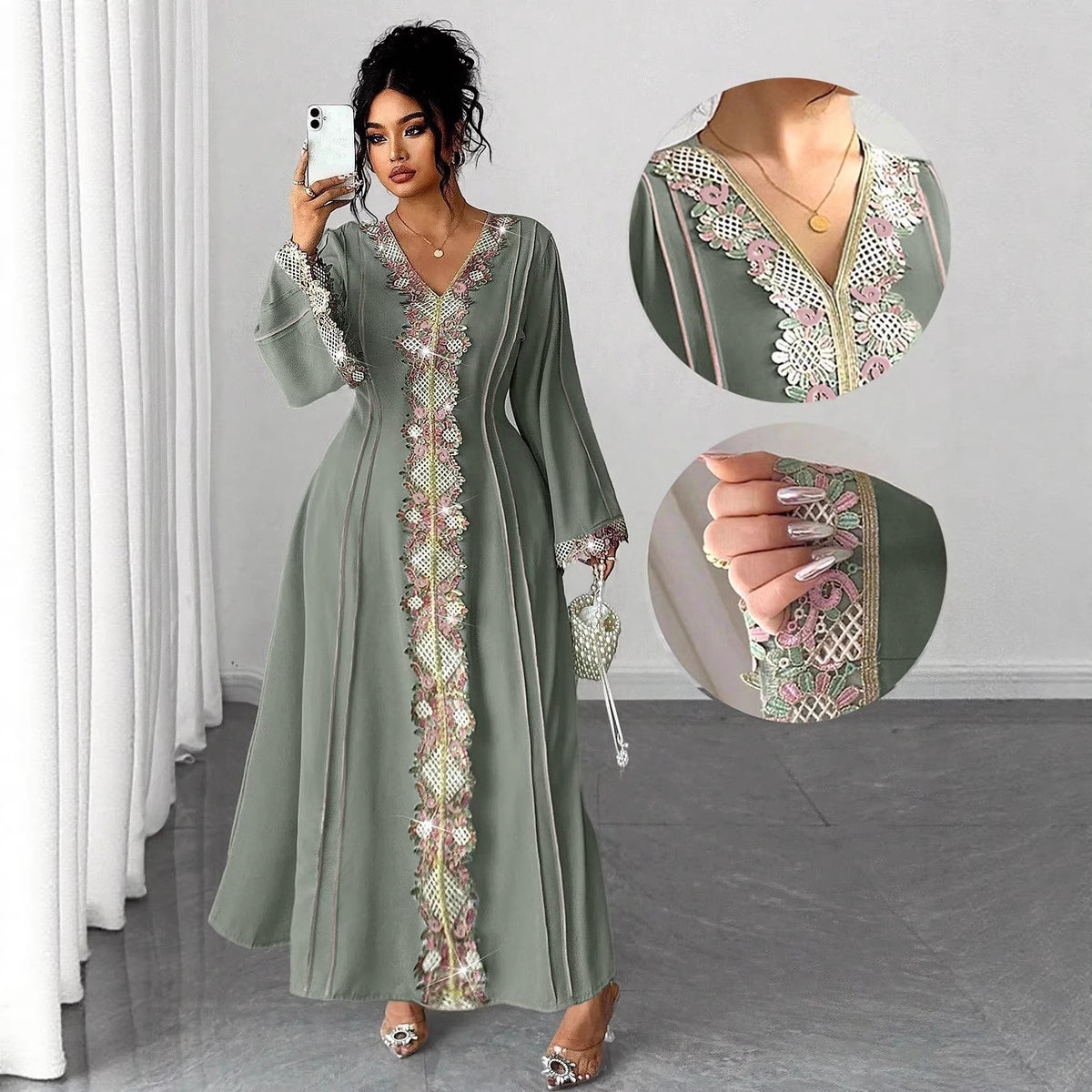 Robe longue grande taille en dentelle brodée à col V