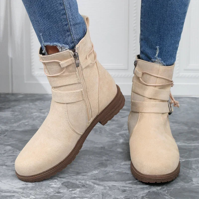 Chelsea Boots Femme – Suède, Talon Épais, Boucle Ceinture, Automne Hiver