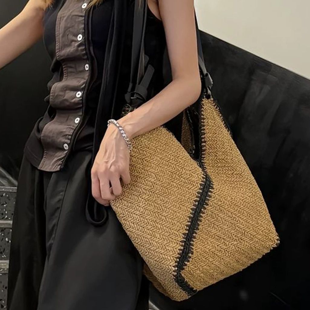 Striped Woven Tote Bag with Black Trim – Large Straw Beach Bag for Women