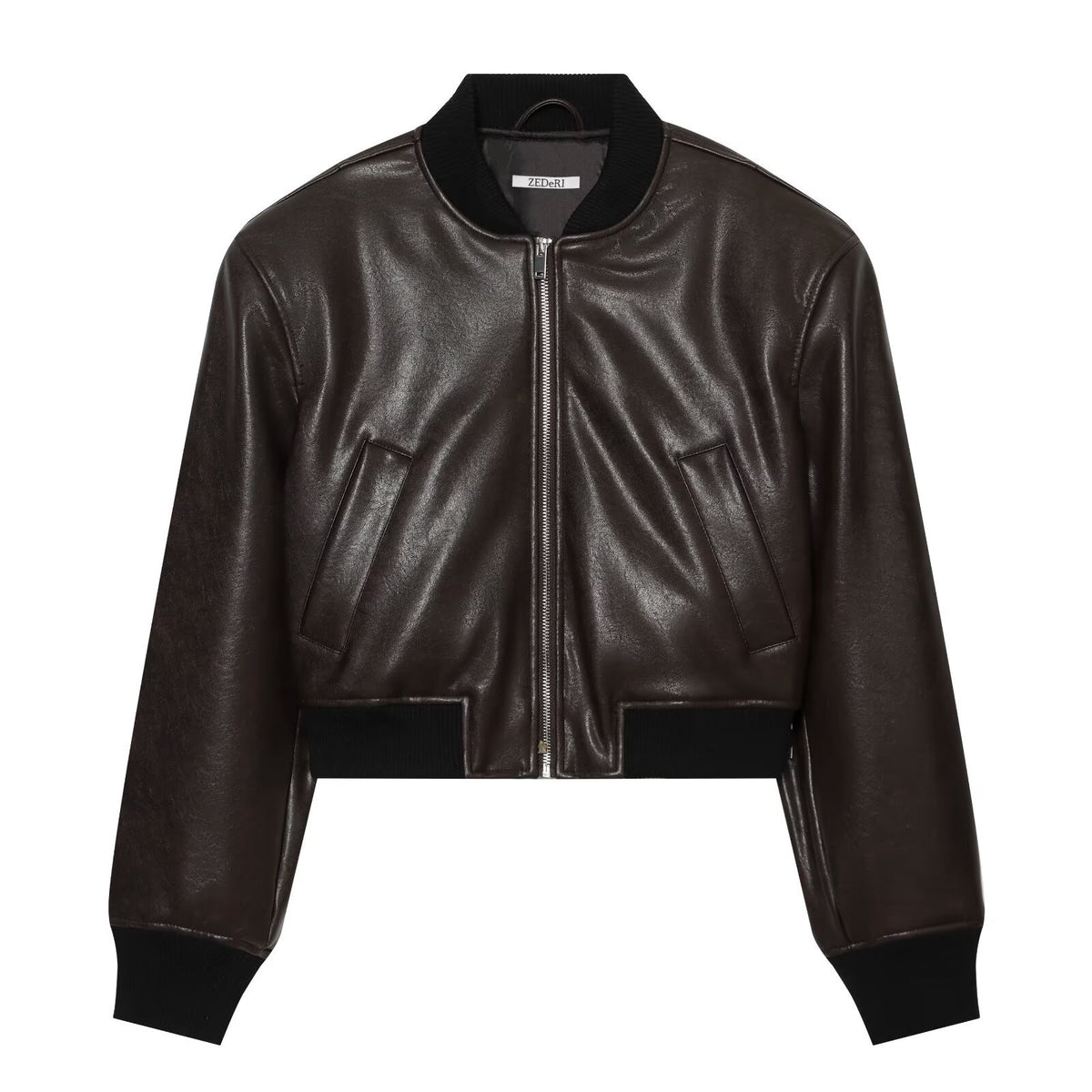Blouson bomber femme effet simili cuir marron foncé