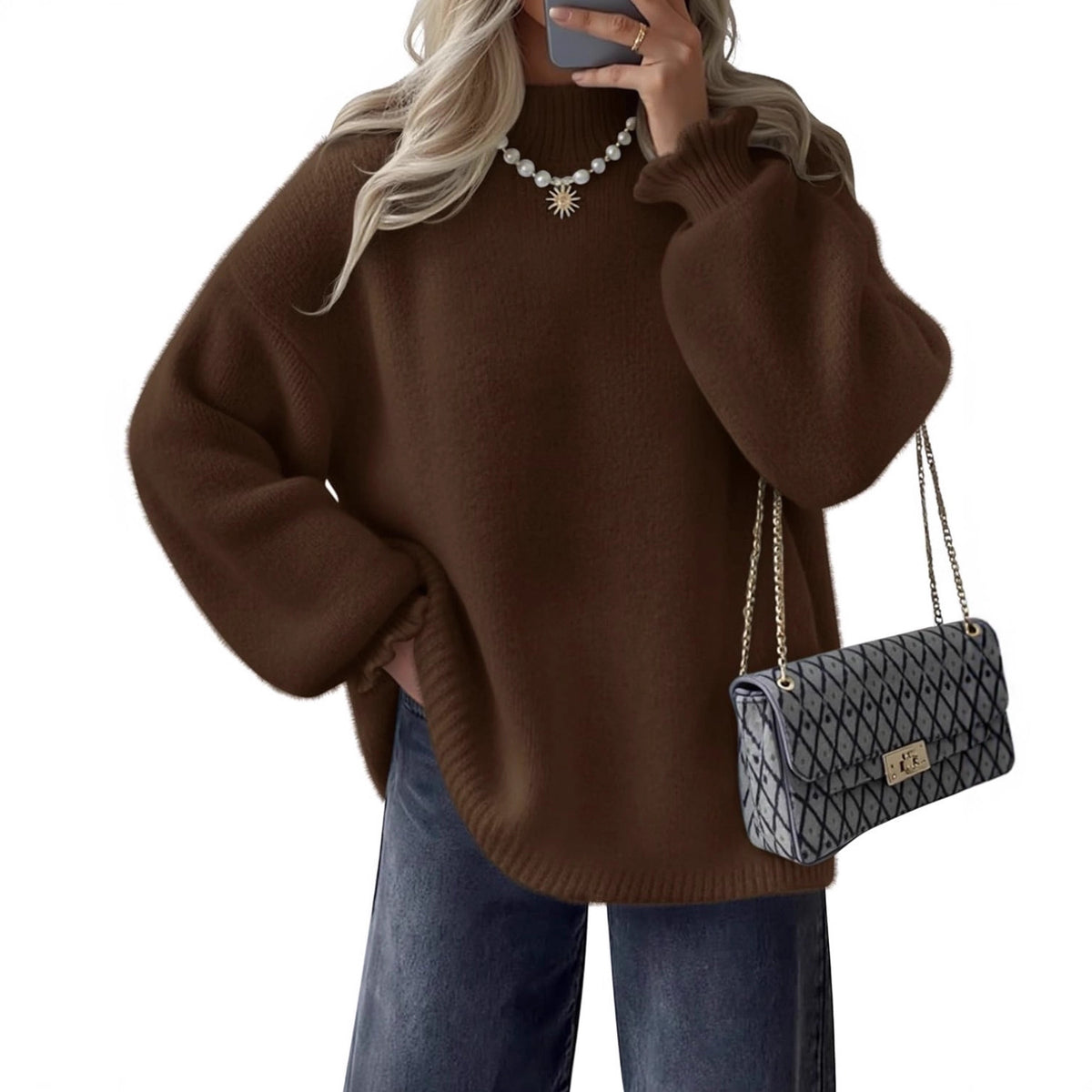 Einfarbiger Damen-Rollkragenpullover im lässigen Stil – lange Ärmel.