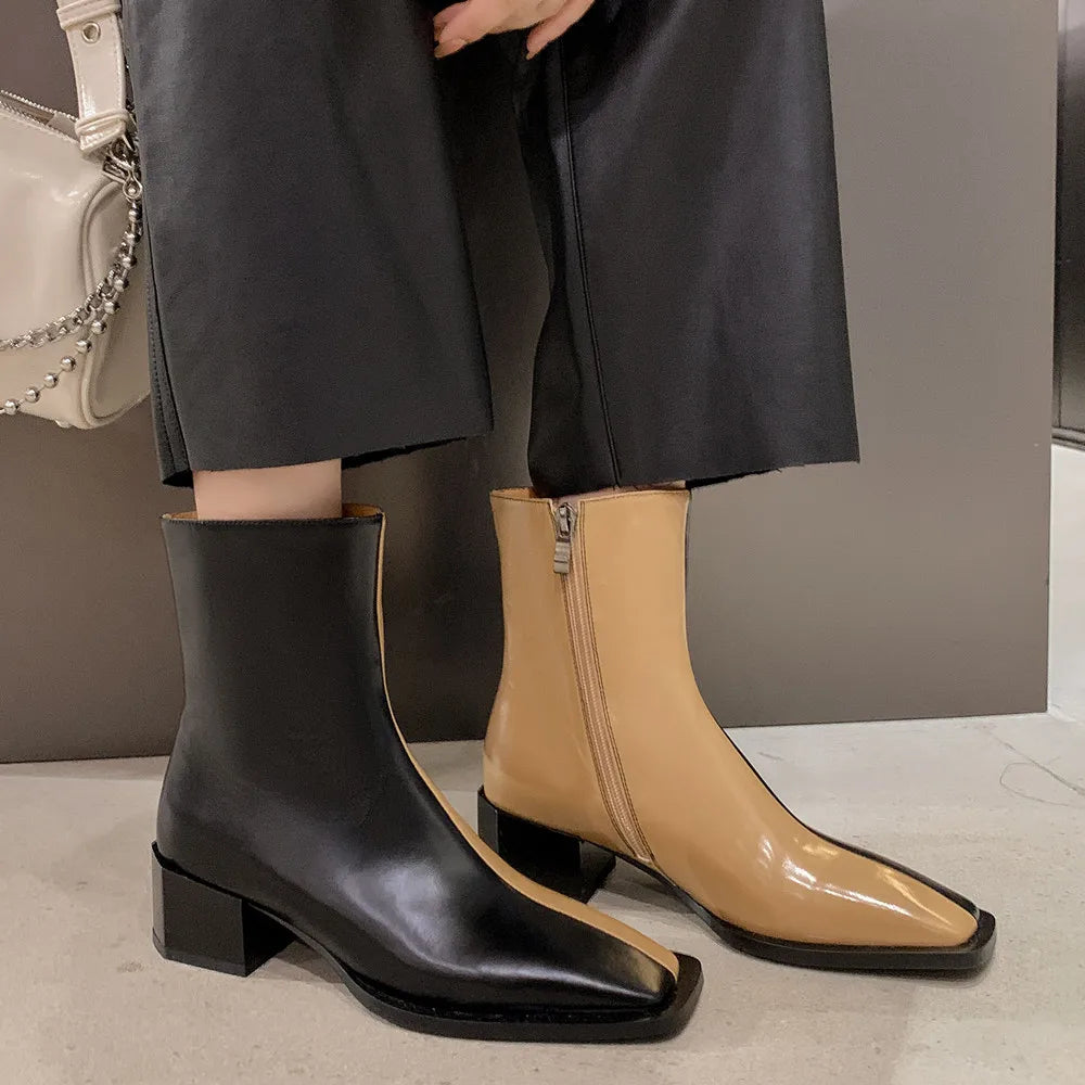 Genuine Leather Women's Ankle Boots – Two-Tone, Zipper Closure, Chic Office Style