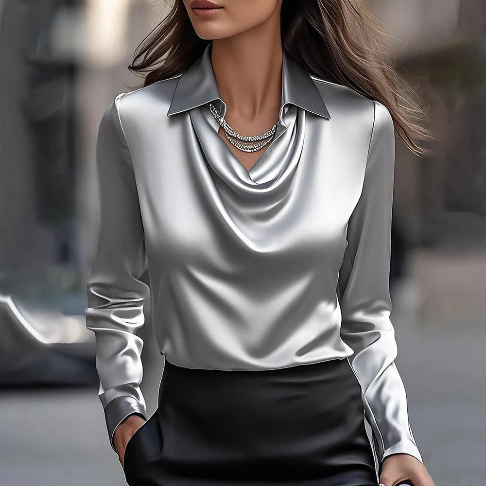 Blouse femme à col drapé et manches longues